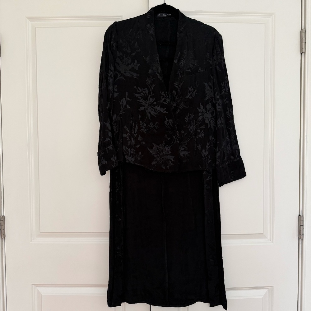 ZARA Basic Black Floral Jacquard Hi-Lo Duster Jacket – Women’s Size S